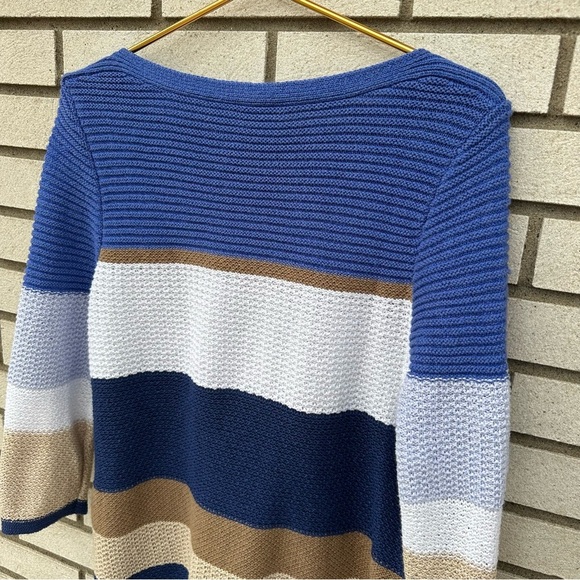 Chico’s Striped Textured Pullover Sweater Blue Tan White - Picture 9 of 10